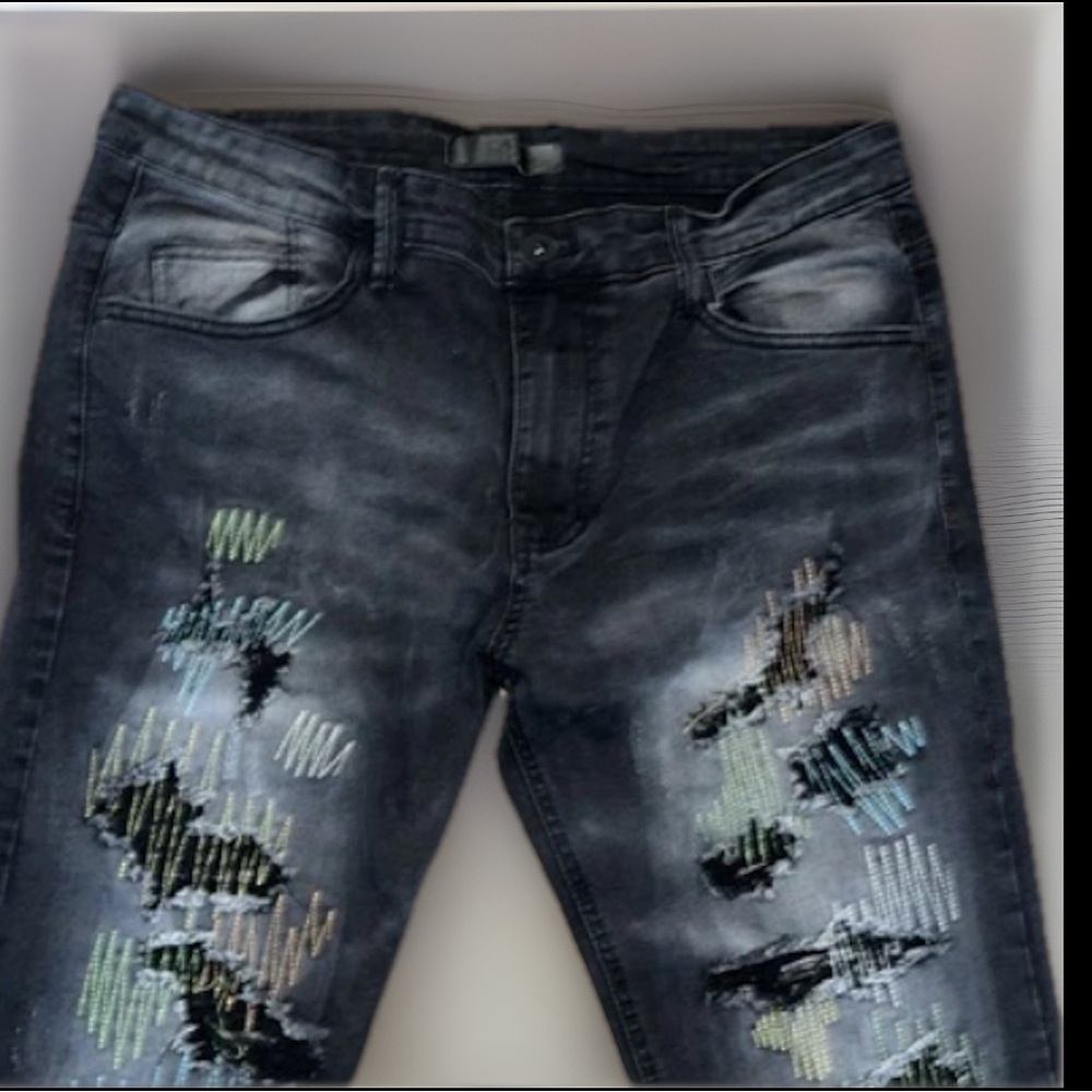 Crazy Color Stitch Designs On Distressed Black Stacked Jeans W/ Comfort StretchK